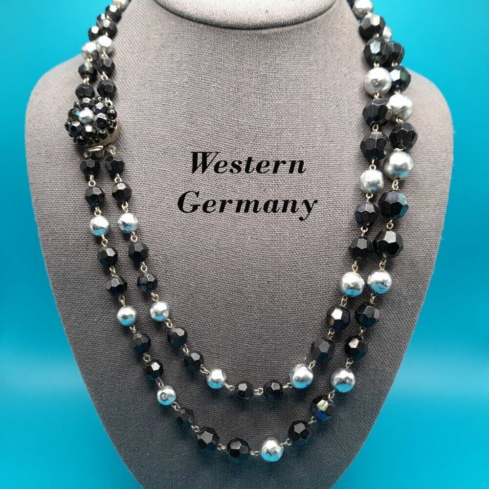 Vintage Western Germany Black Silver Bead Necklace Two Strand Mid Century